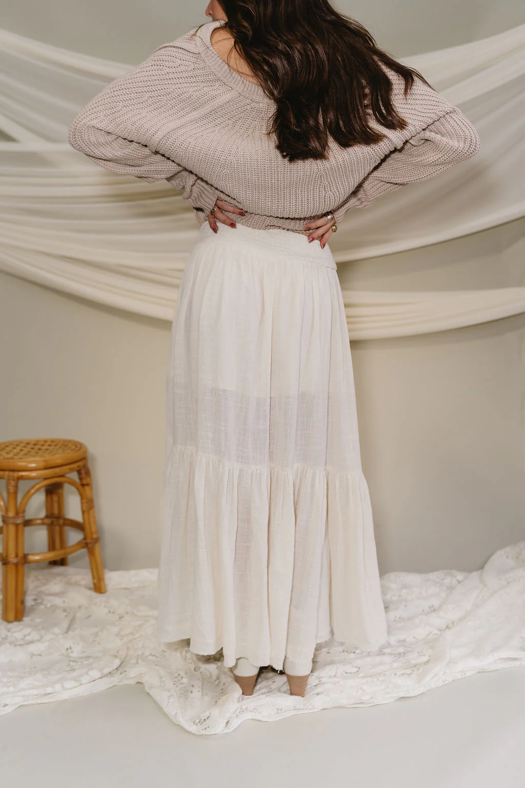 Natalie Cream Slit Tiered Midi Skirt - Image 11