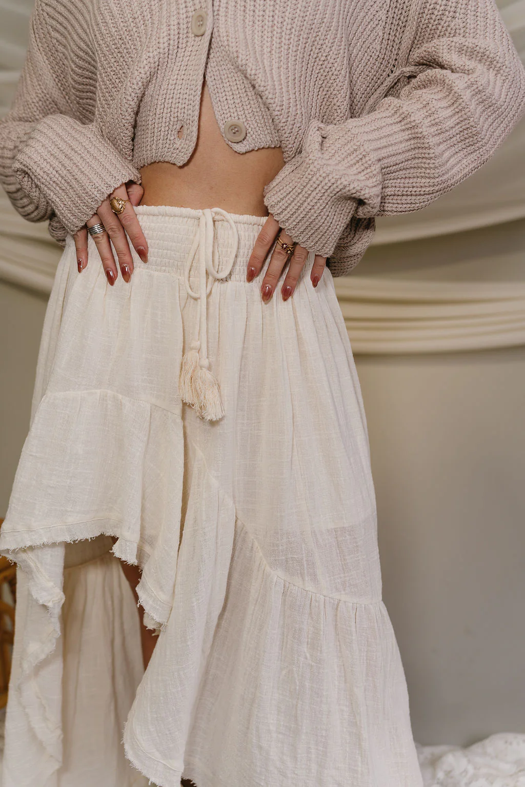 Natalie Cream Slit Tiered Midi Skirt - Image 13