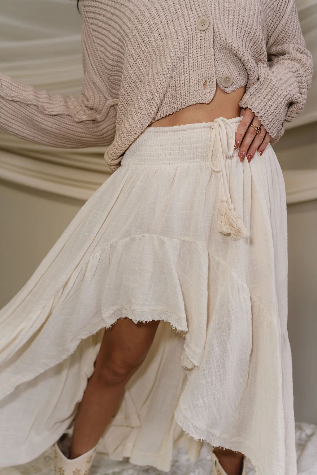 Natalie Cream Slit Tiered Midi Skirt - Image 14