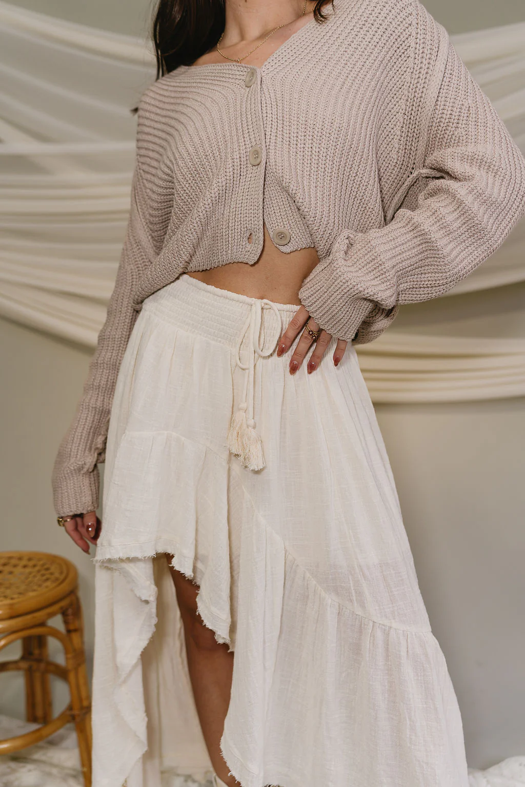 Natalie Cream Slit Tiered Midi Skirt - Image 3