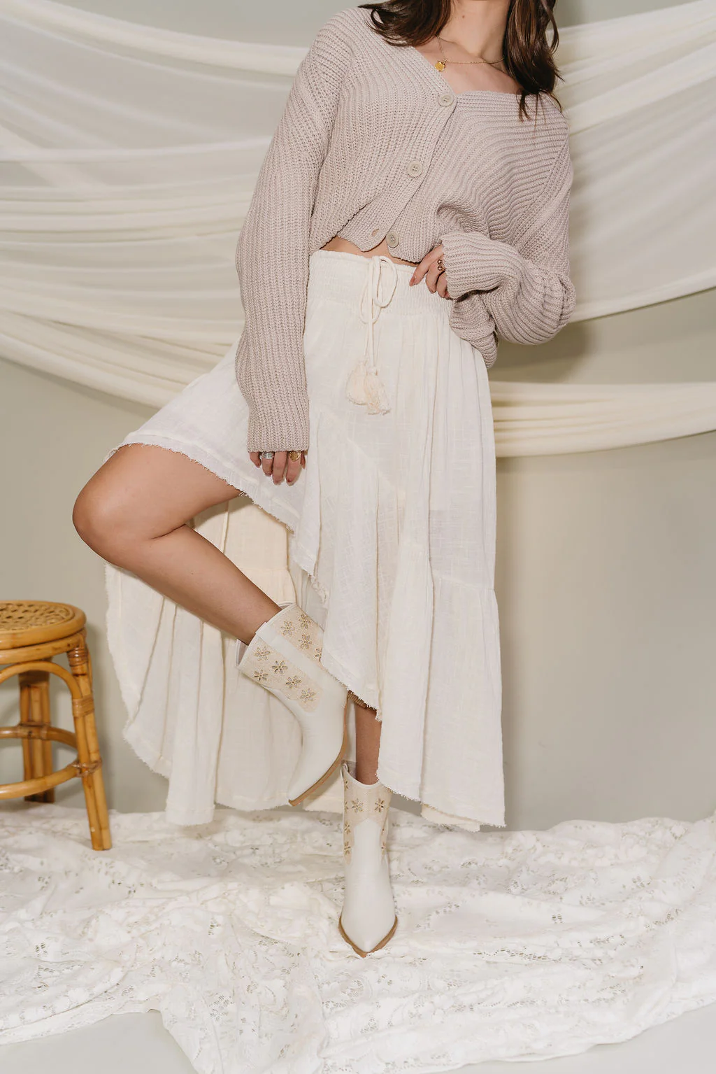 Natalie Cream Slit Tiered Midi Skirt - Image 8