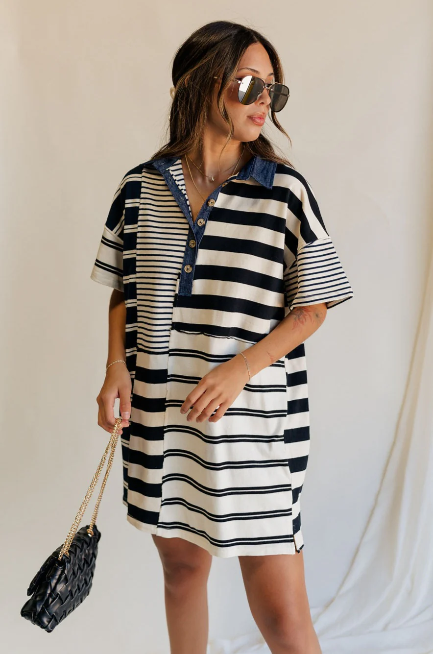 Maya Navy & Cream Stripe Short Sleeve Mini Dress