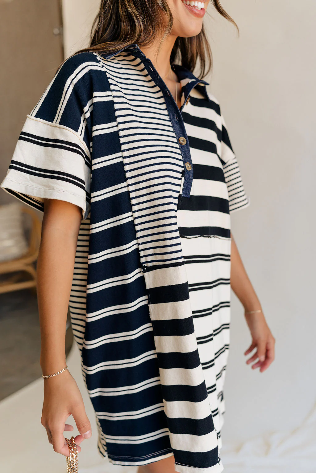 Maya Navy & Cream Stripe Short Sleeve Mini Dress - Image 3