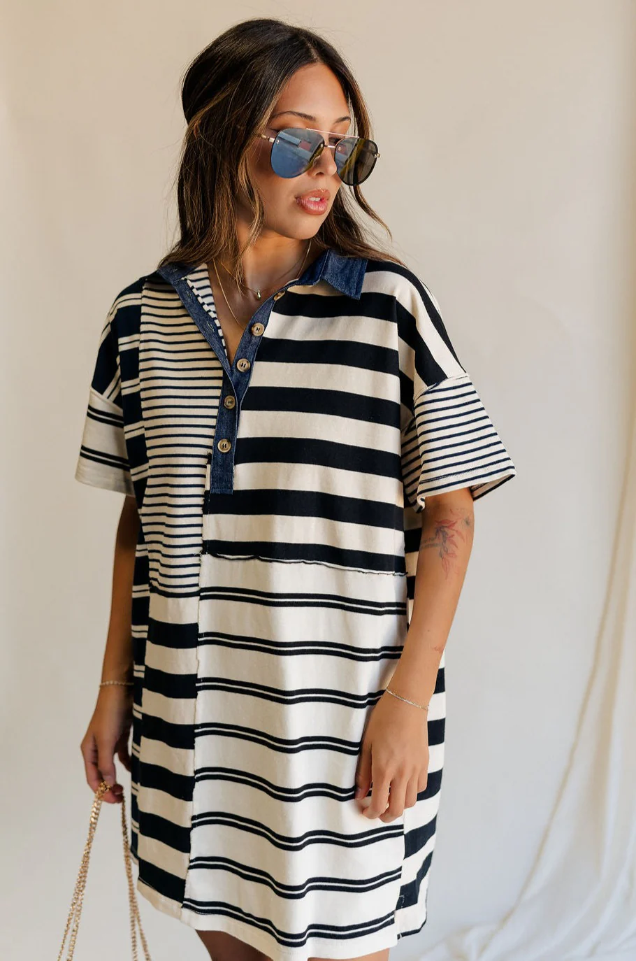 Maya Navy & Cream Stripe Short Sleeve Mini Dress - Image 6