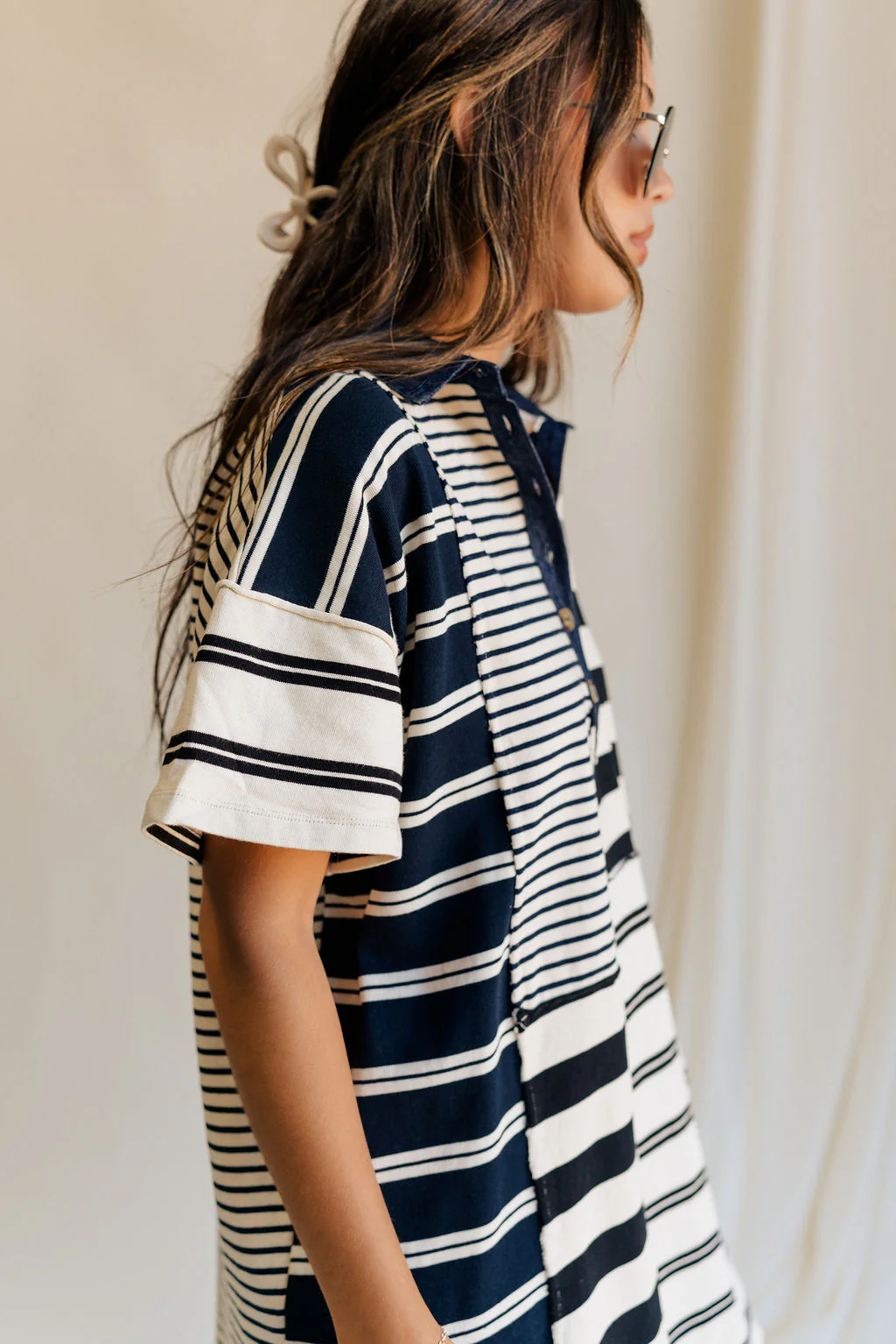 Maya Navy & Cream Stripe Short Sleeve Mini Dress - Image 8
