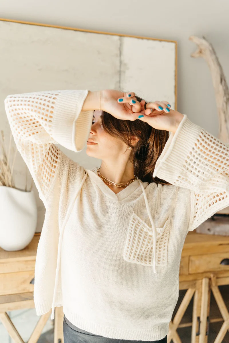 New Day Cream Crochet Hooded Sweater - Image 6
