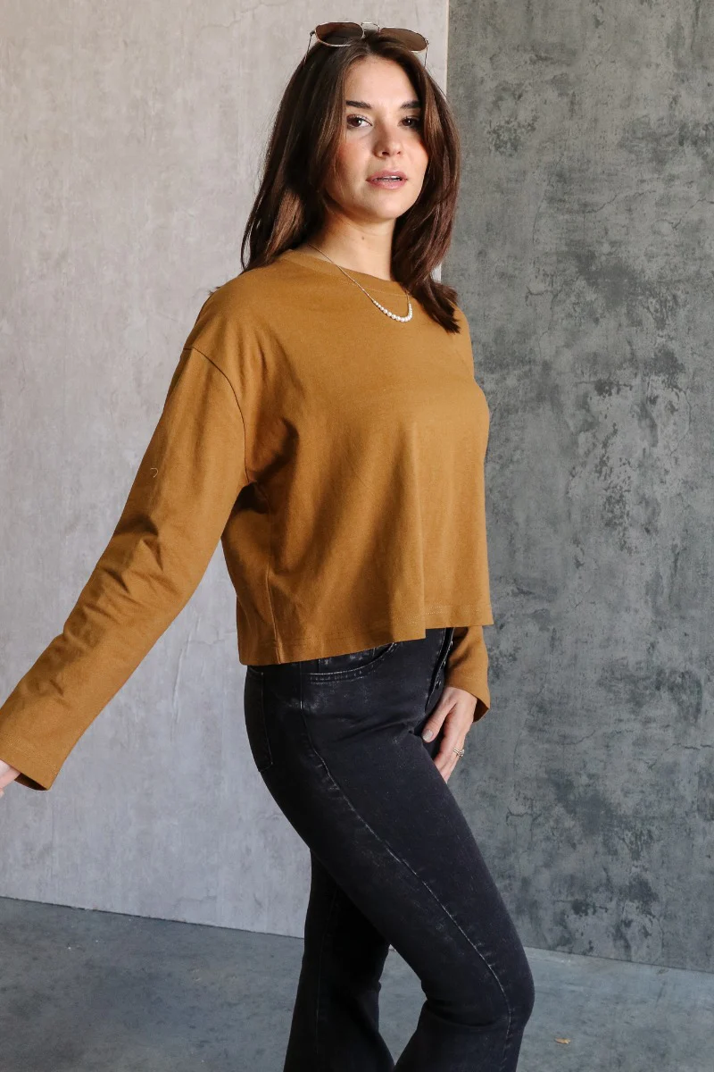 Nicole Brown Cropped Long Sleeve Sweatshirt