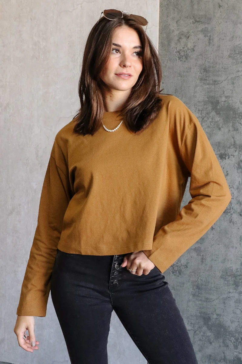 Nicole Brown Cropped Long Sleeve Sweatshirt - Image 3