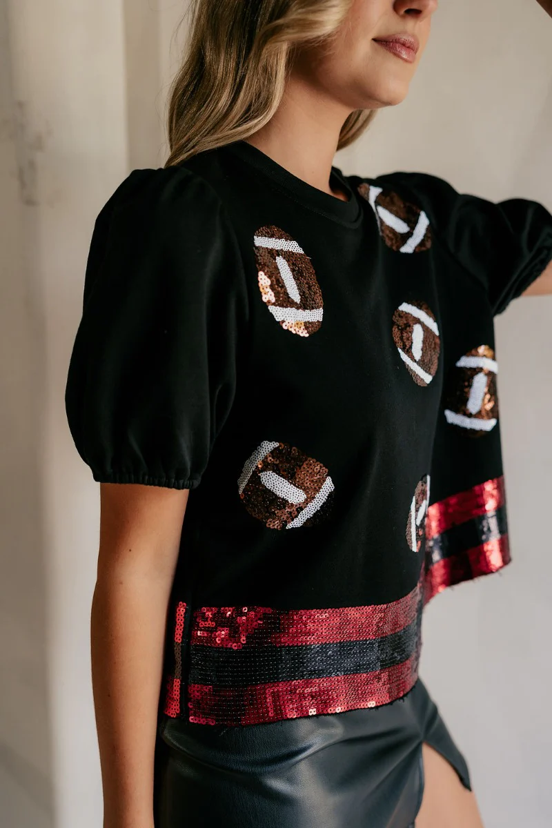 Nikole Black & Red Football Sequin Short Sleeve Top - Image 6