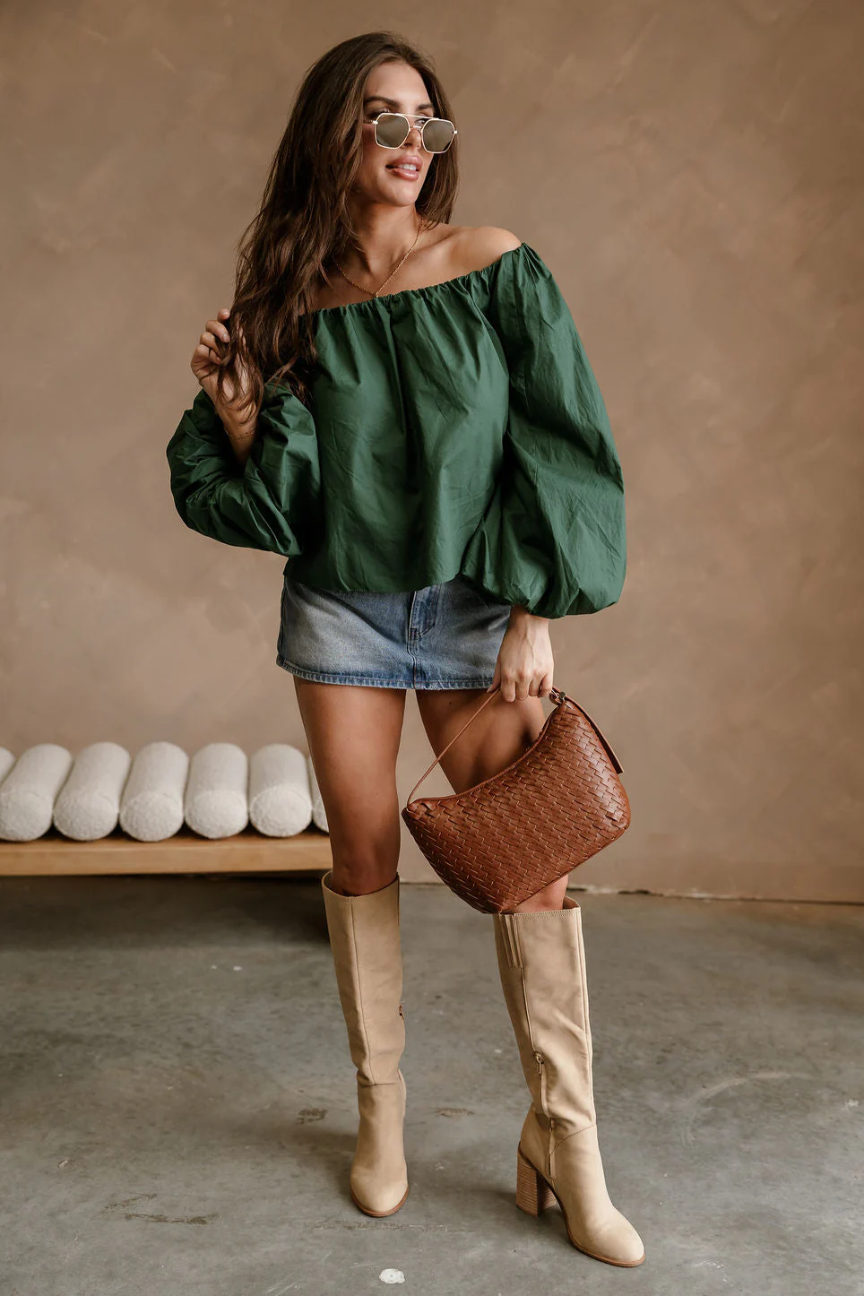 Nila Green Off-The-Shoulder Balloon Sleeve Top