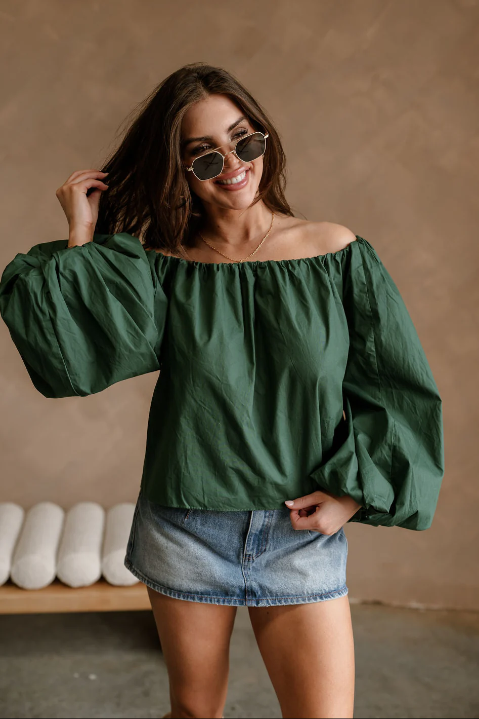 Nila Green Off-The-Shoulder Balloon Sleeve Top - Image 2