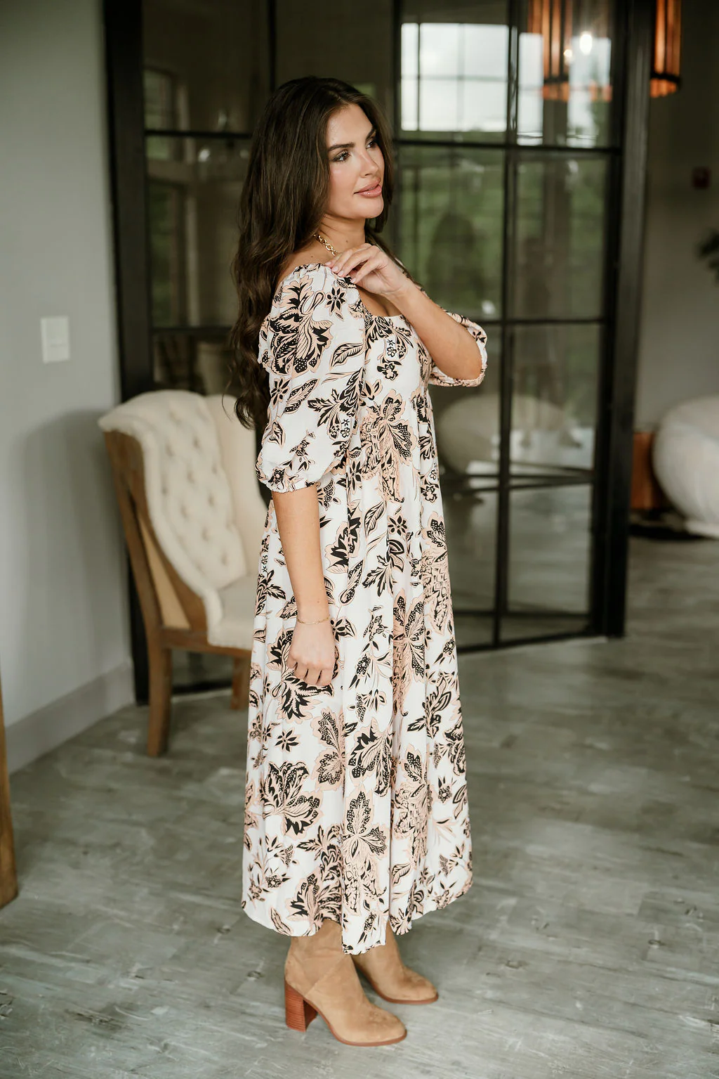 Nina White Multi Floral Puff Sleeve Midi Dress - Image 4