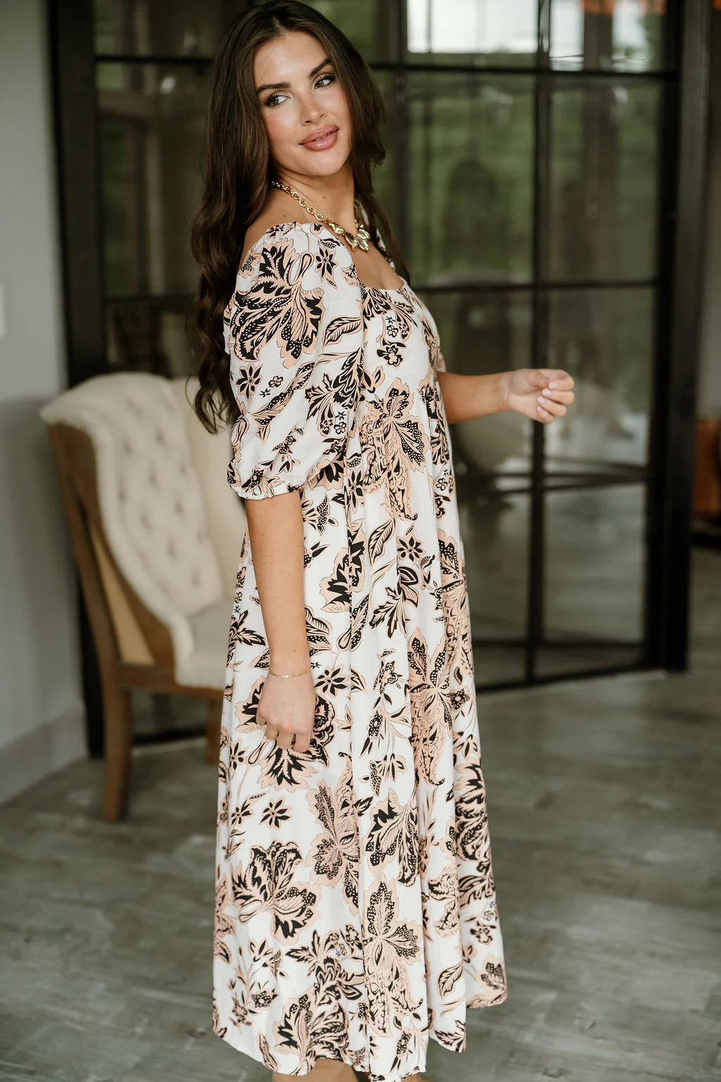 Nina White Multi Floral Puff Sleeve Midi Dress - Image 6