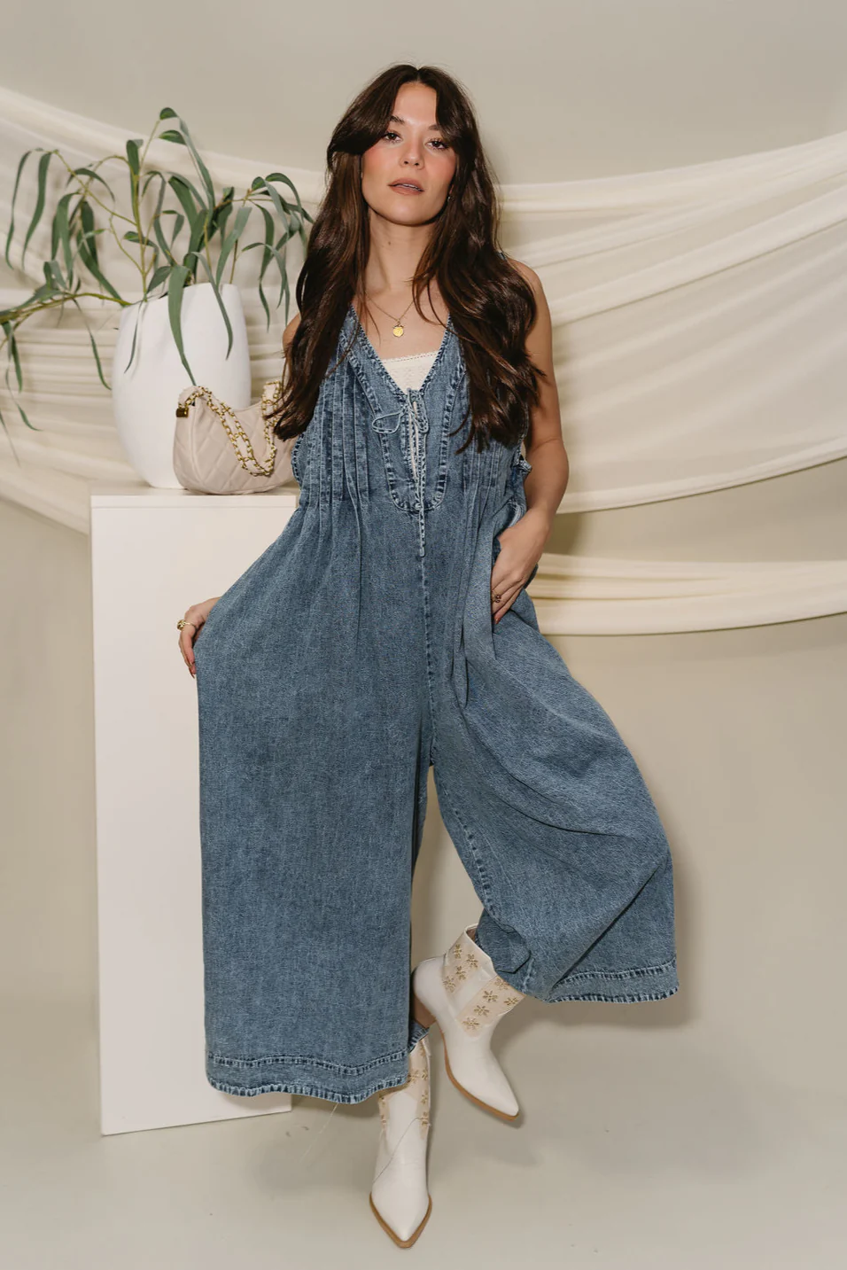 Noa Denim Pleated Tie Front Jumpsuit