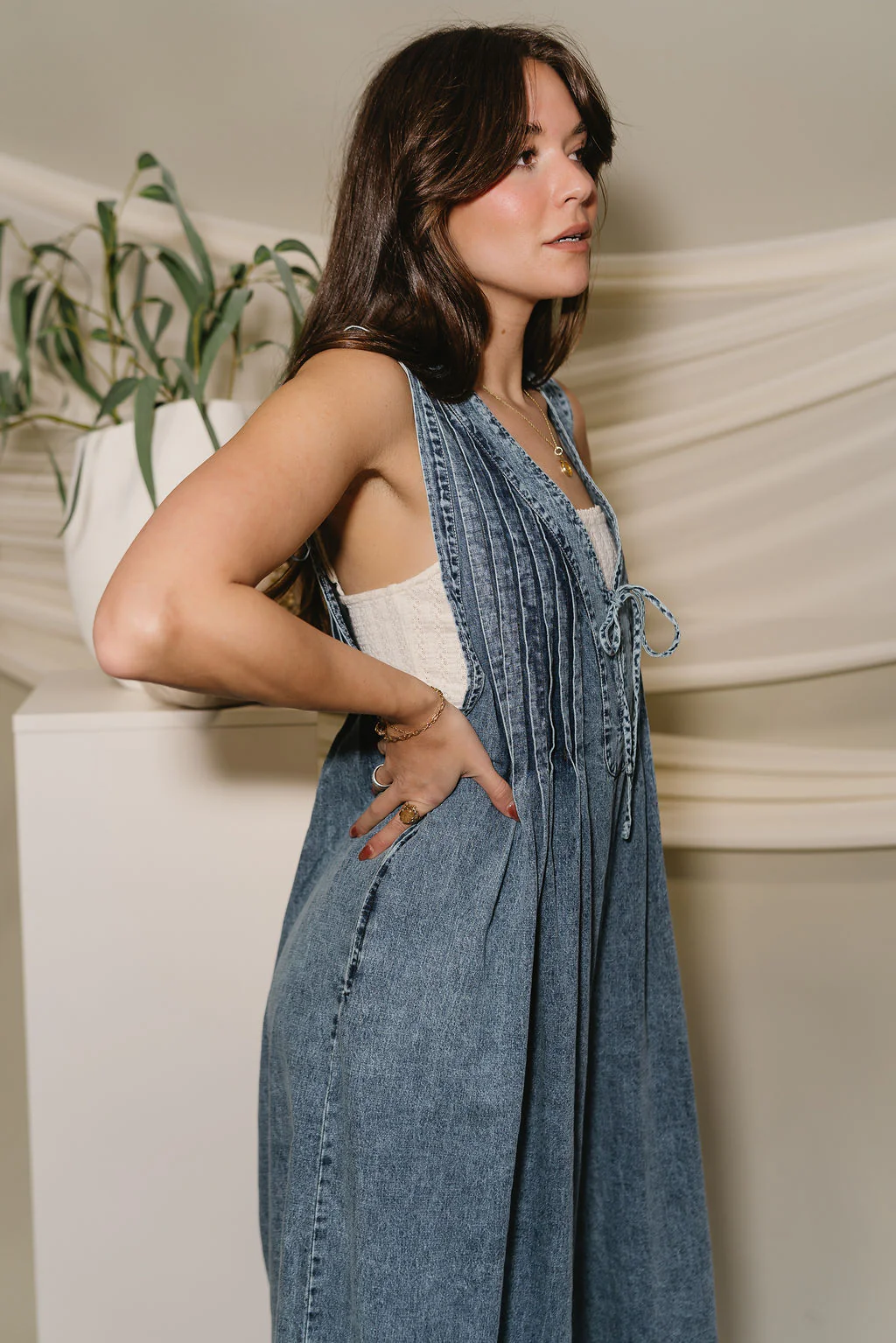 Noa Denim Pleated Tie Front Jumpsuit - Image 5