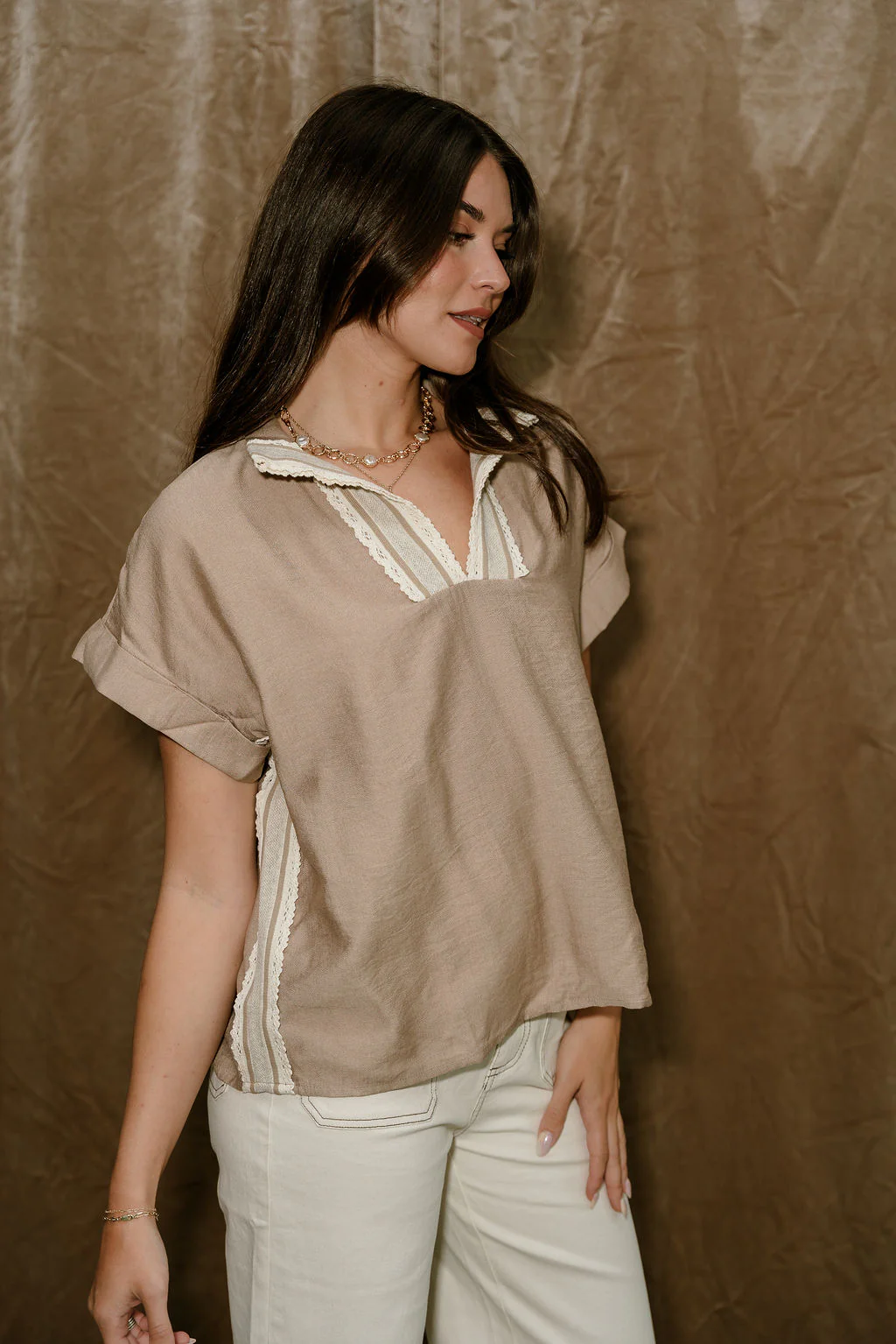 Noah Taupe & Lace Short Sleeve Top - Image 4
