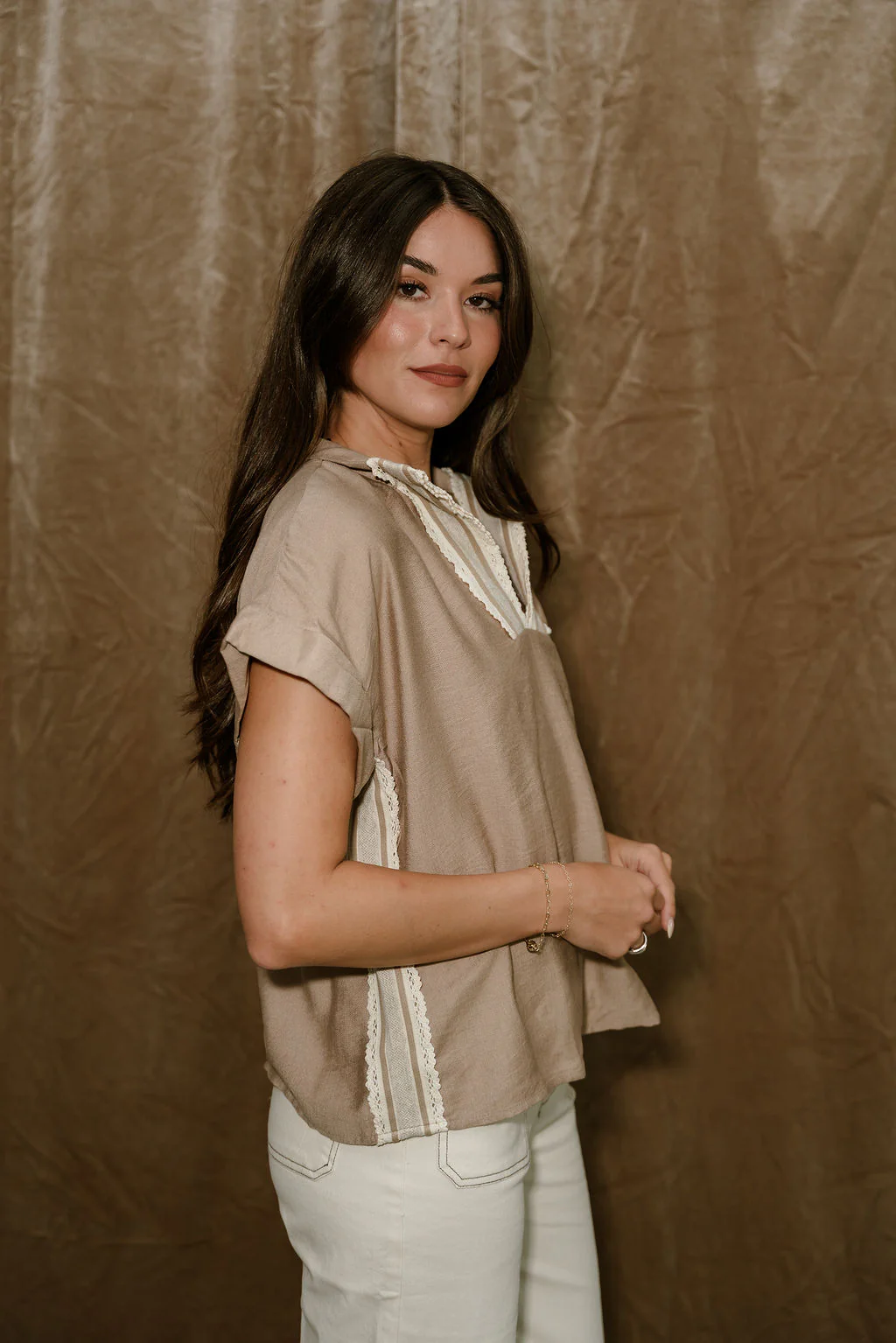 Noah Taupe & Lace Short Sleeve Top - Image 5