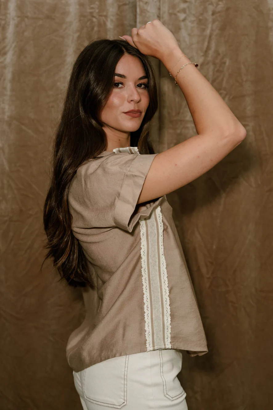 Noah Taupe & Lace Short Sleeve Top - Image 6