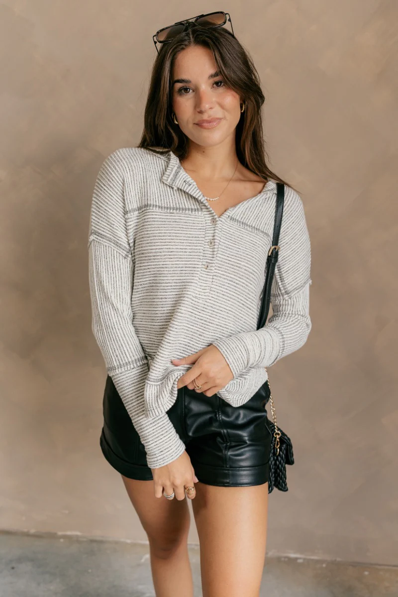 Noel Grey & White Stripe Long Sleeve Top - Image 2