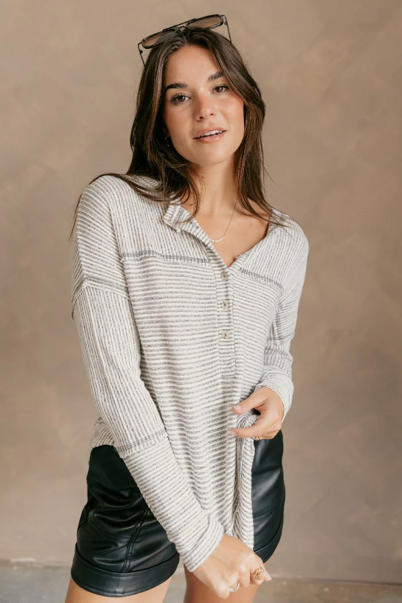 Noel Grey & White Stripe Long Sleeve Top - Image 3