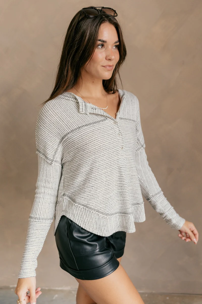 Noel Grey & White Stripe Long Sleeve Top - Image 4