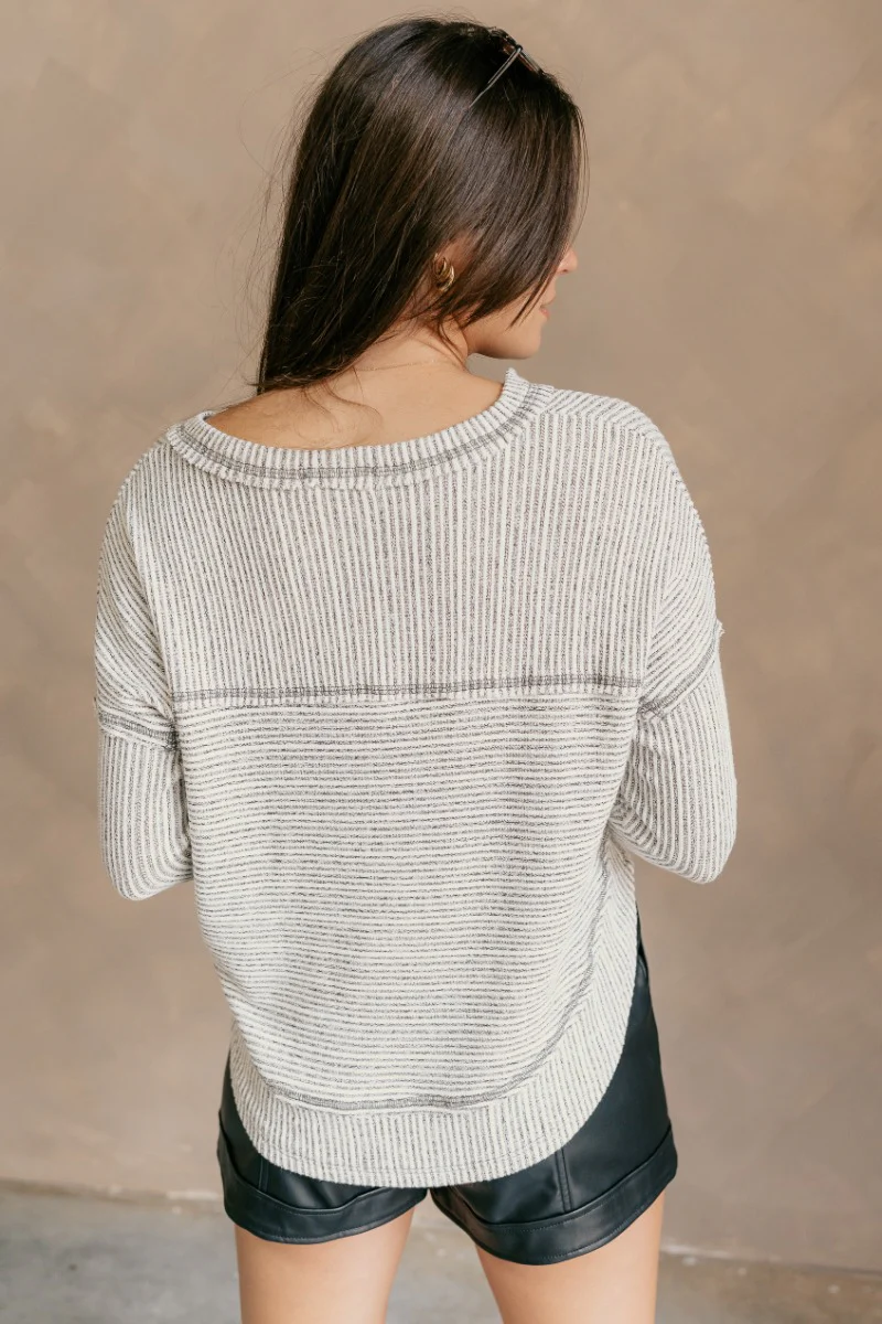 Noel Grey & White Stripe Long Sleeve Top - Image 5