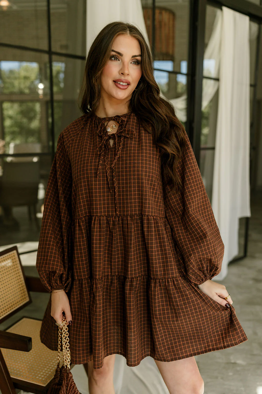 Noel Tiered Brown Plaid Mini Dress - Image 2