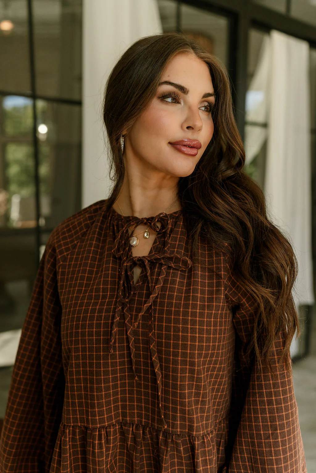 Noel Tiered Brown Plaid Mini Dress - Image 3