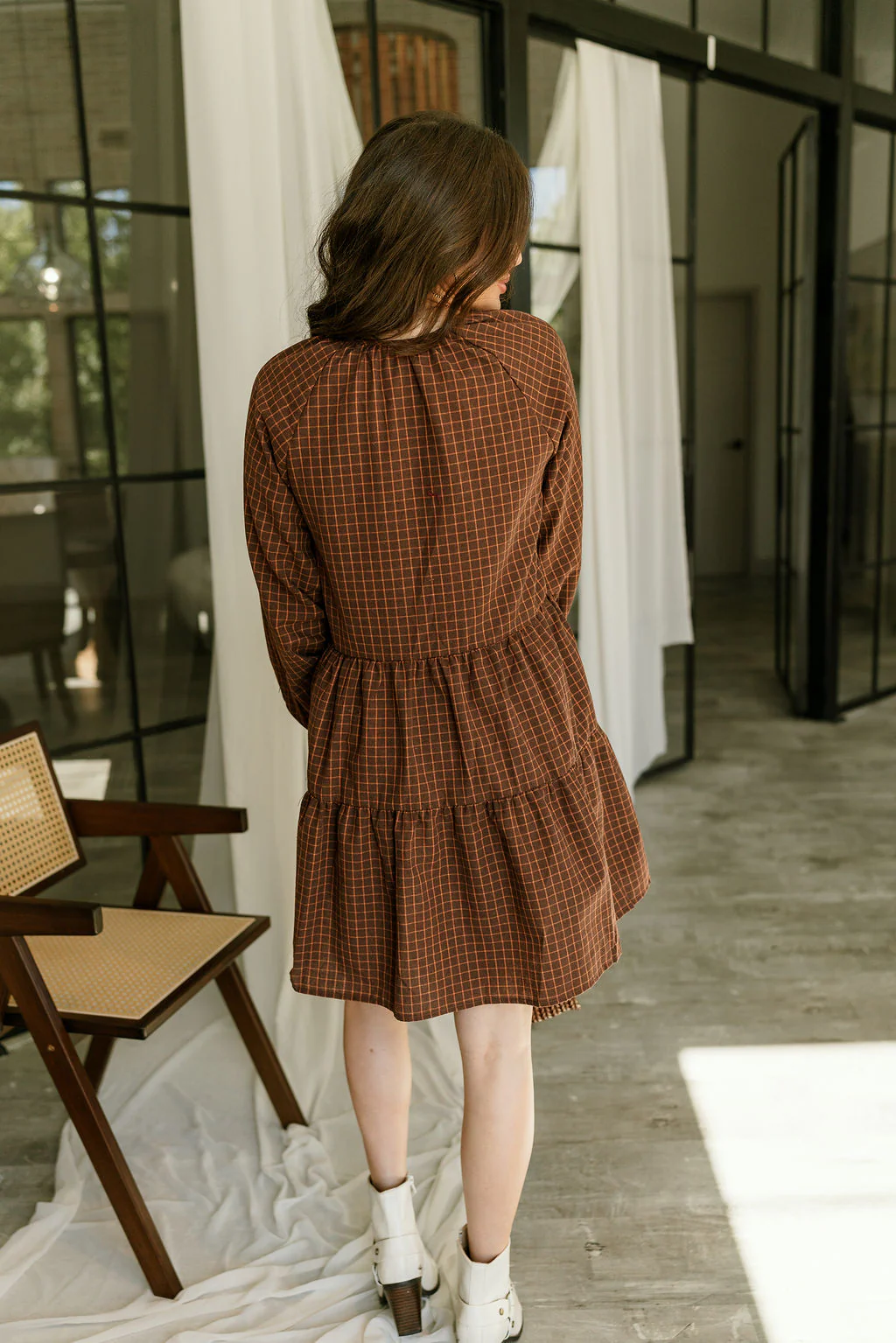 Noel Tiered Brown Plaid Mini Dress - Image 8