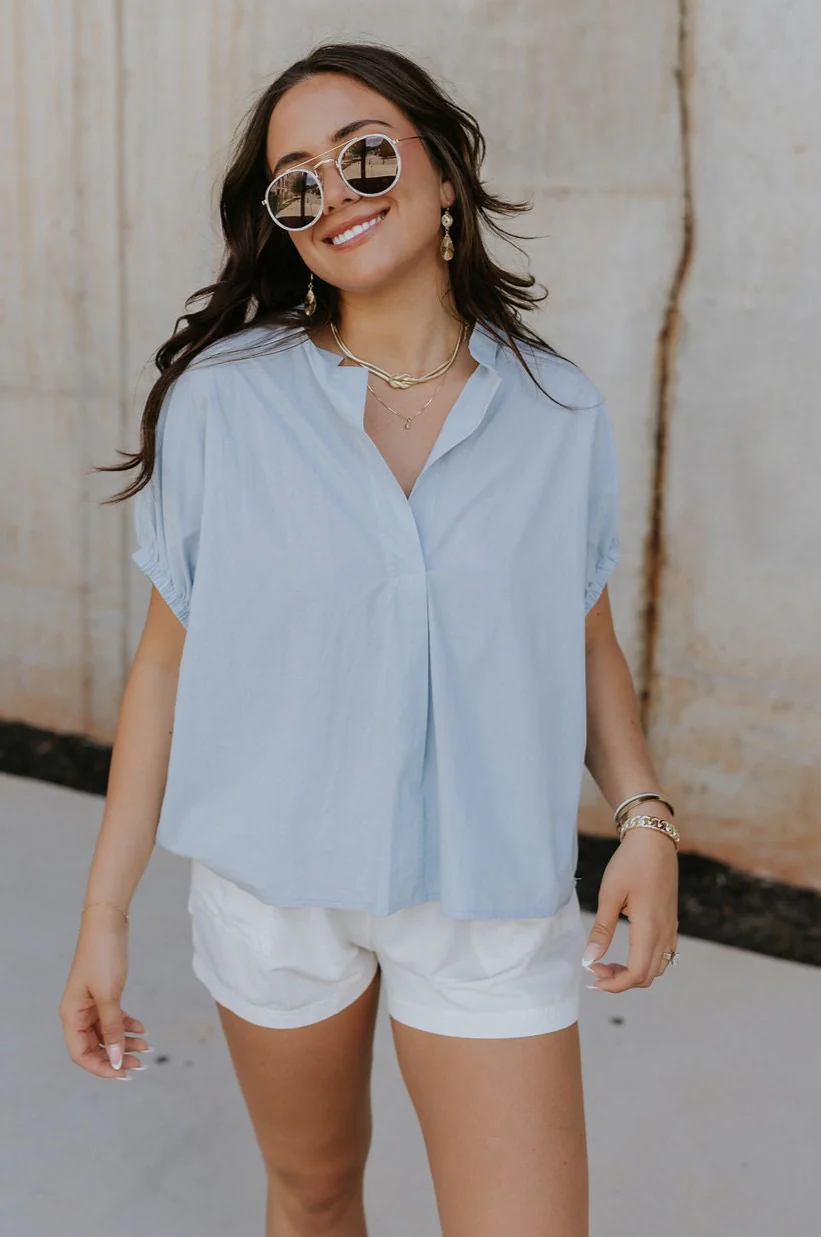 Noelle Chambray Blue Short Sleeve Top