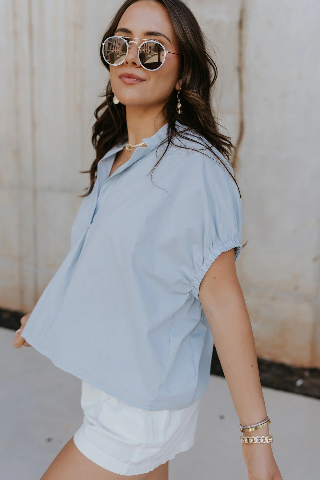 Noelle Chambray Blue Short Sleeve Top - Image 3