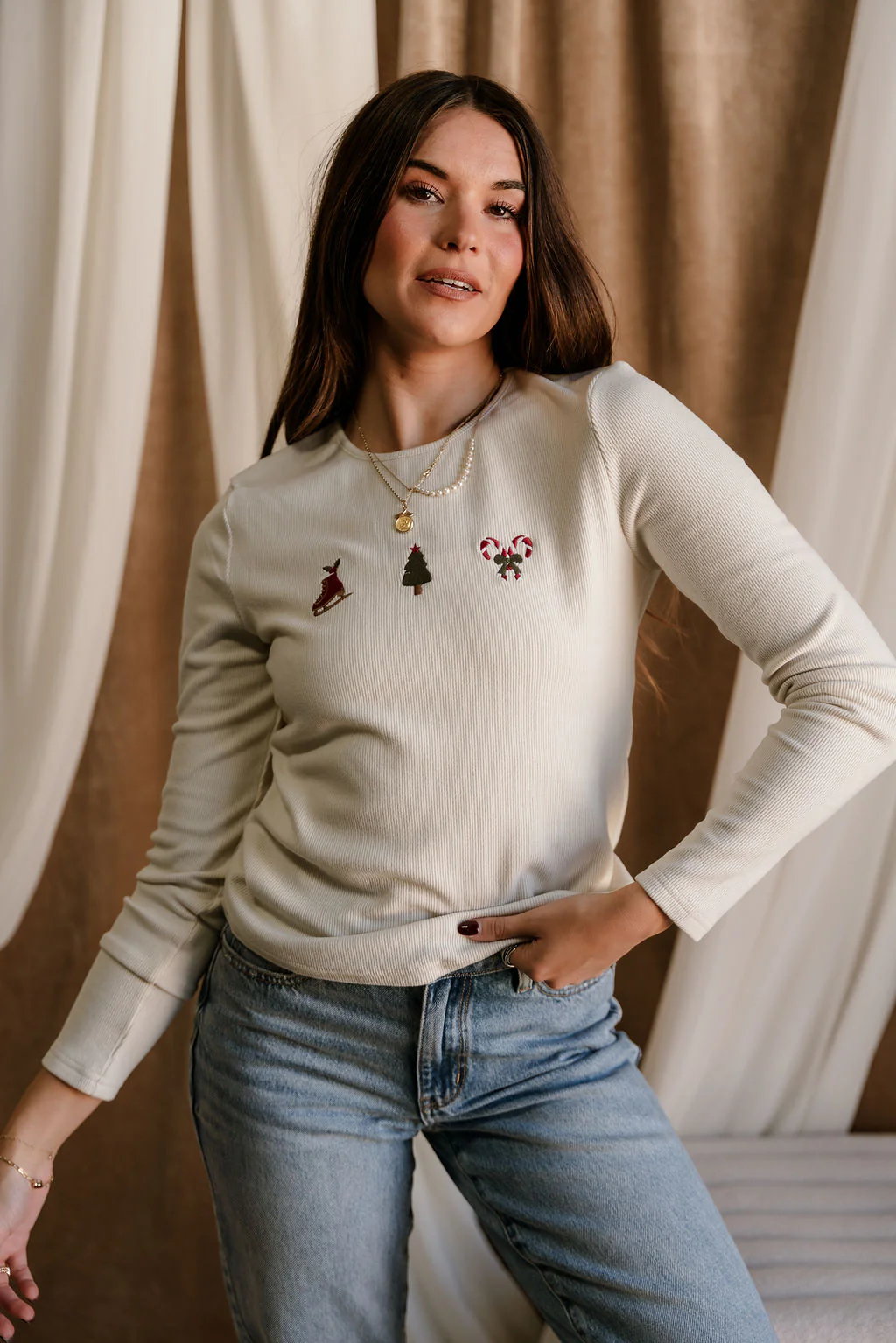 Noelle Cream Christmas Ribbed Top - Image 9