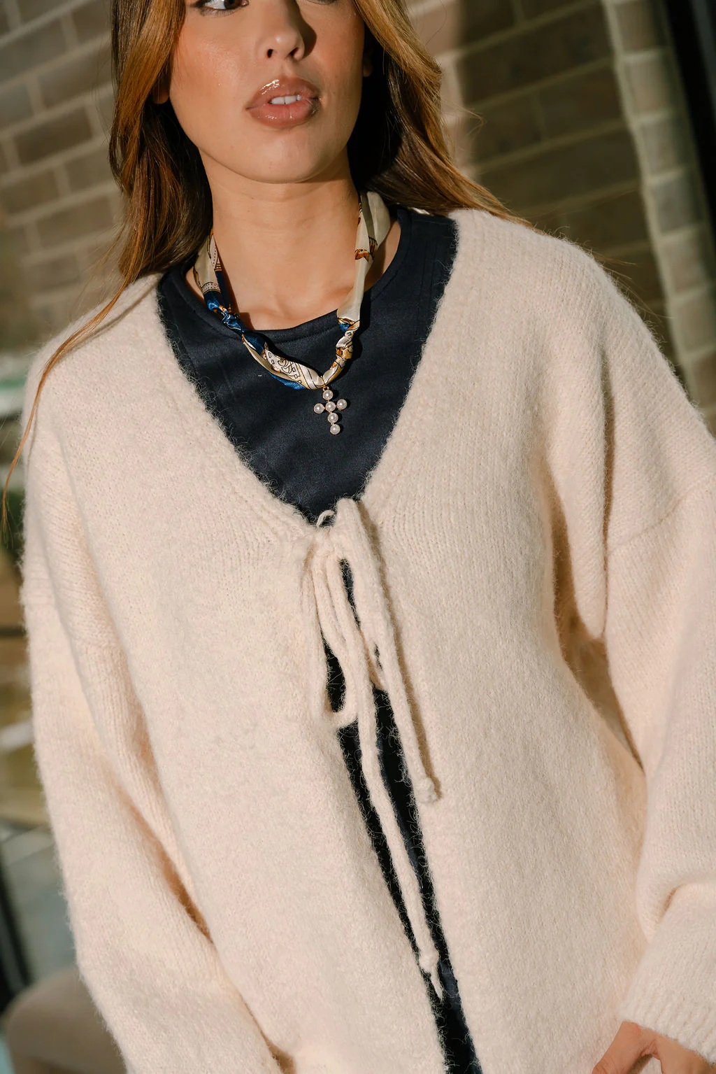 Noelle Cream Knit Tie Cardigan - Image 3