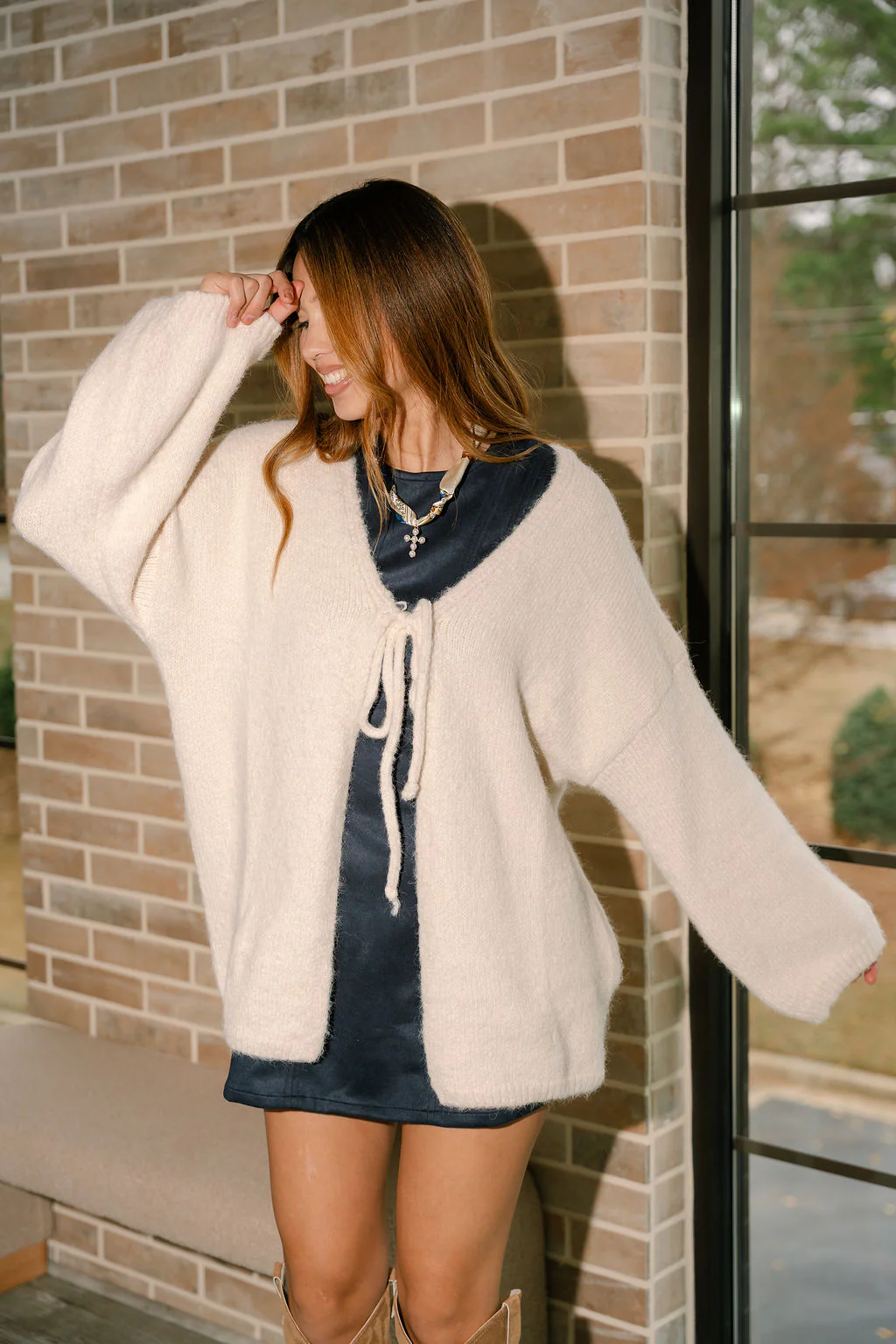 Noelle Cream Knit Tie Cardigan - Image 6