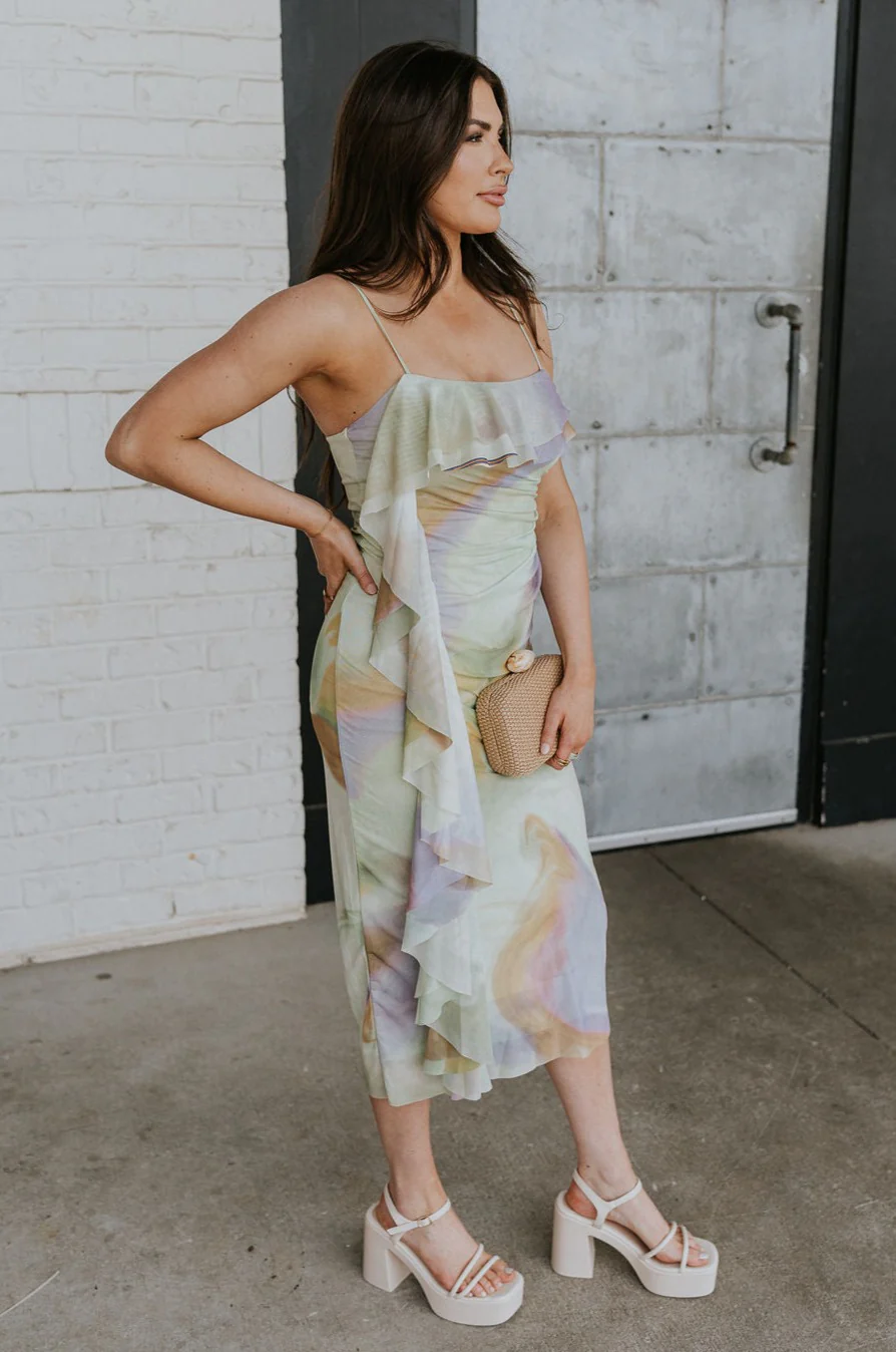 Noelle Green Watercolor Multi Ruffle Midi Dress - Image 7
