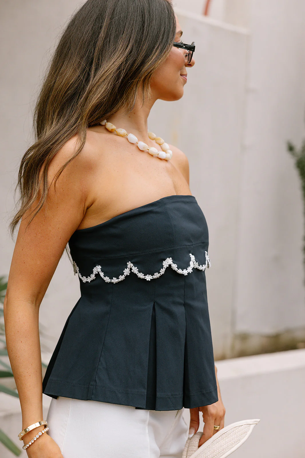 Noelle Navy Blue & White Scallop Floral Strapless Top - Image 5
