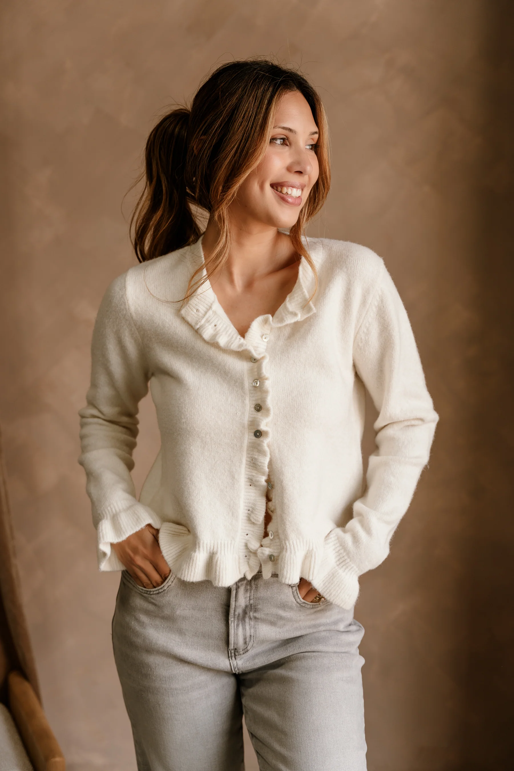 Noelle Off White Ruffle Knit Cardigan
