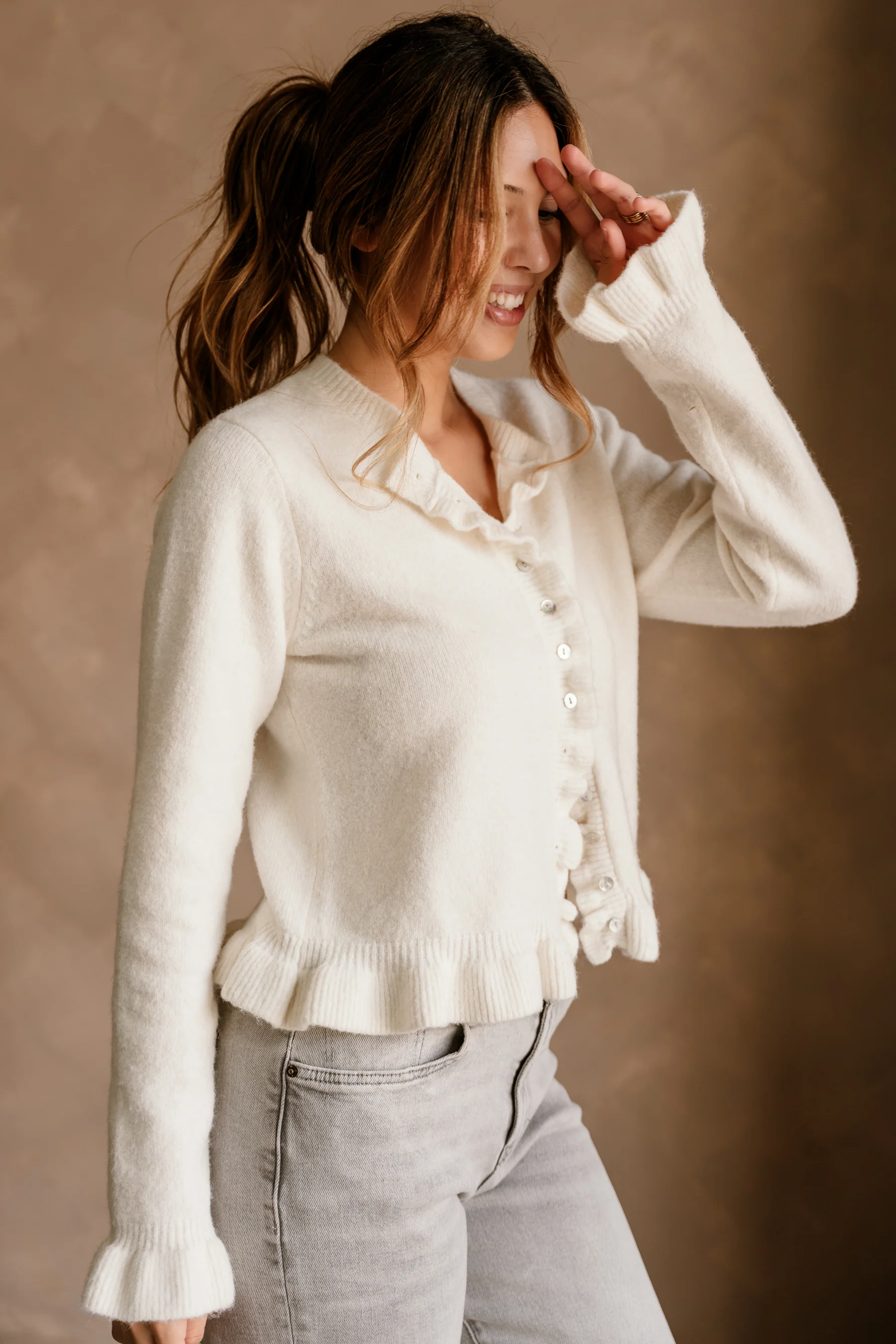 Noelle Off White Ruffle Knit Cardigan - Image 3