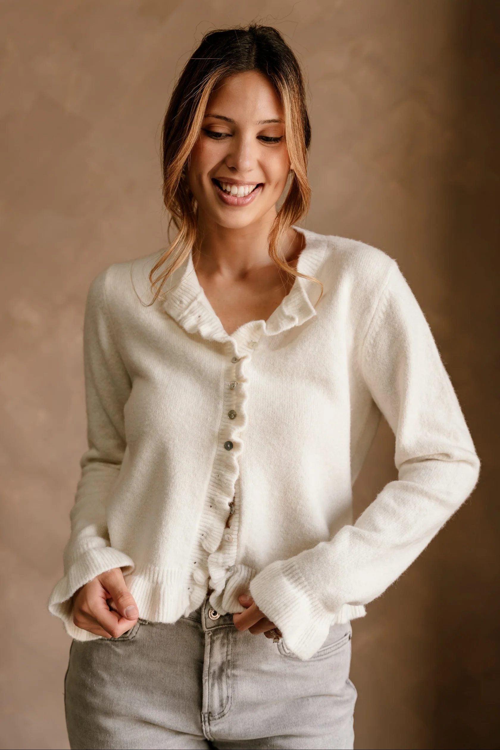 Noelle Off White Ruffle Knit Cardigan - Image 5