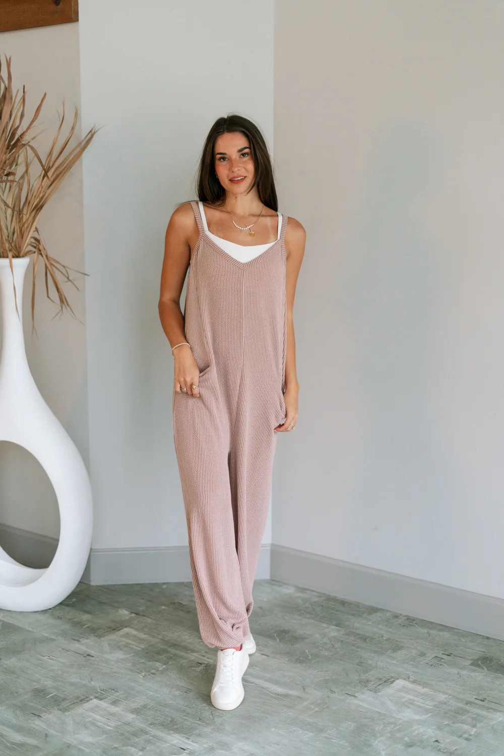 Noelle Taupe Ribbed Sleeveless Jumpsuit - Image 2
