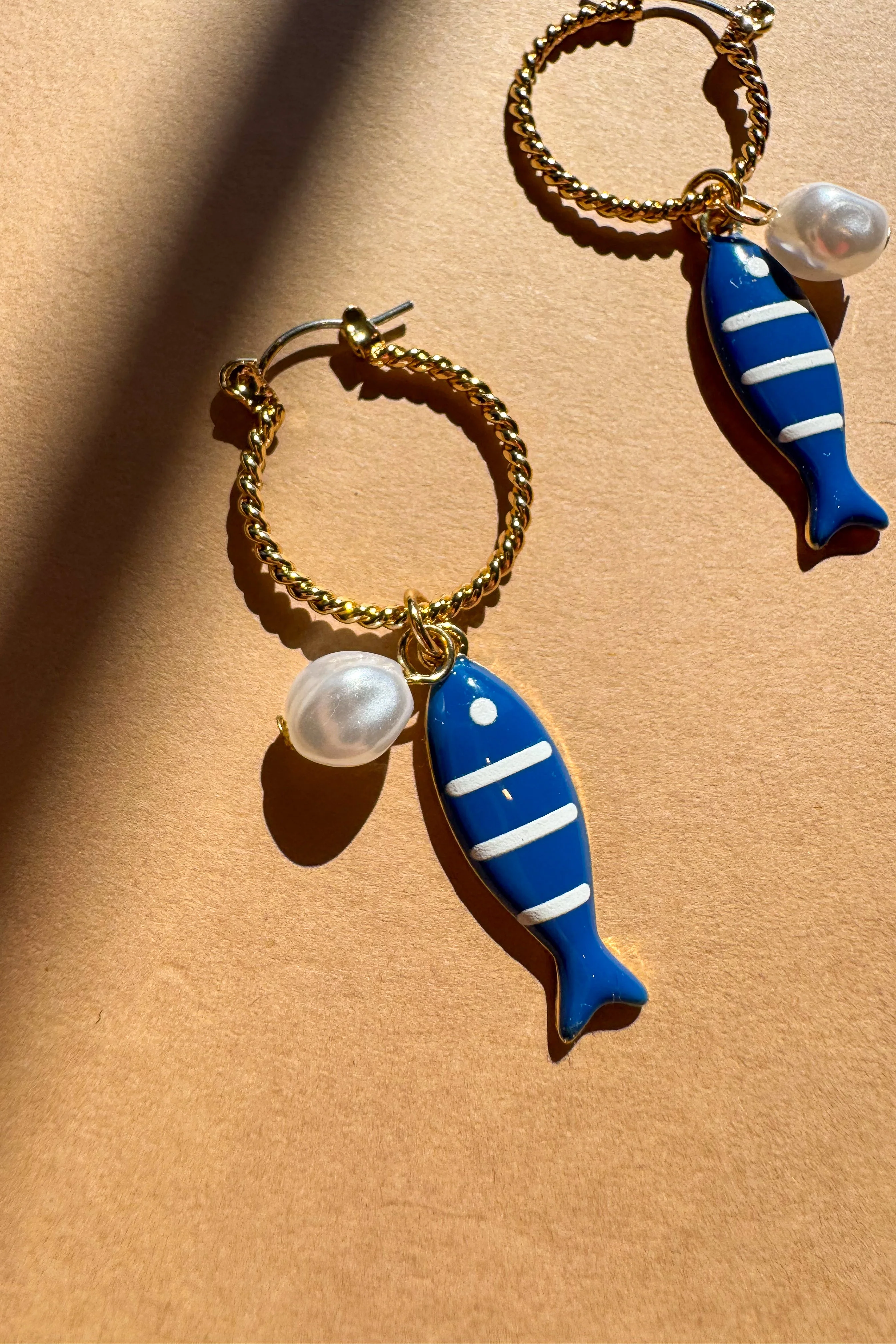 Nora Blue Fish & Pearl Hoop Earrings