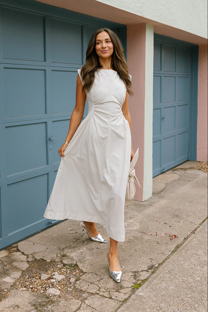 Nora Ecru Cinched Waist Midi Dress - Image 6