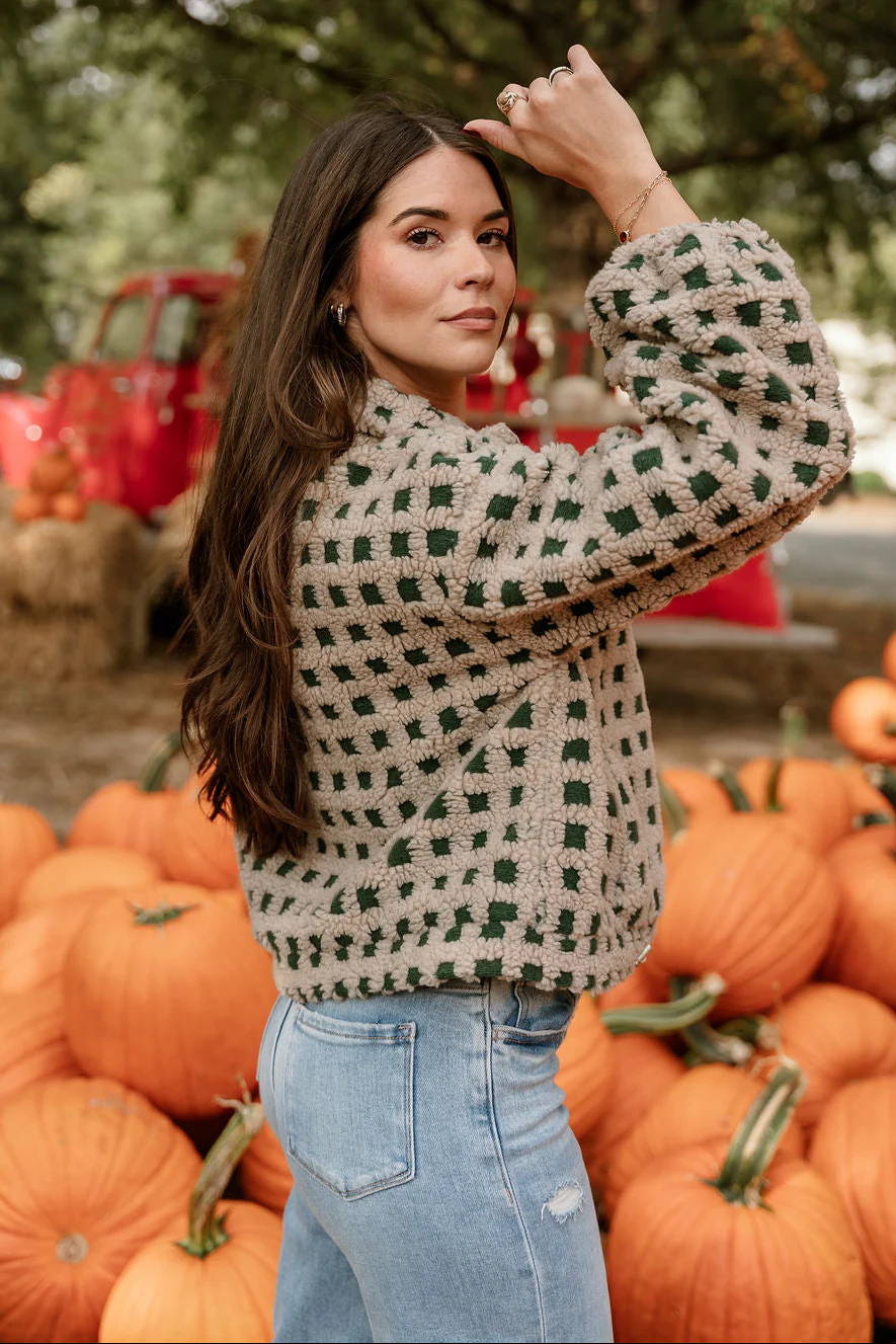 Nora Taupe & Green Shearling Plaid Jacket - Image 2
