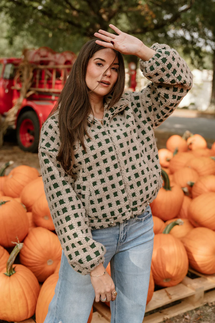 Nora Taupe & Green Shearling Plaid Jacket - Image 6