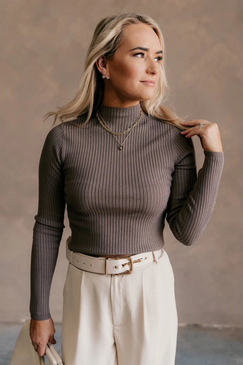 Norah Mocha Brown Ribbed Long Sleeve Top