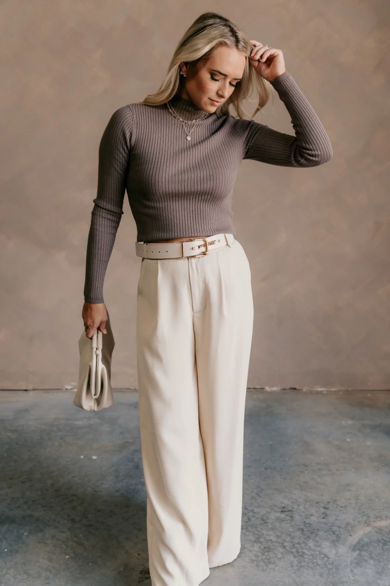 Norah Mocha Brown Ribbed Long Sleeve Top - Image 2