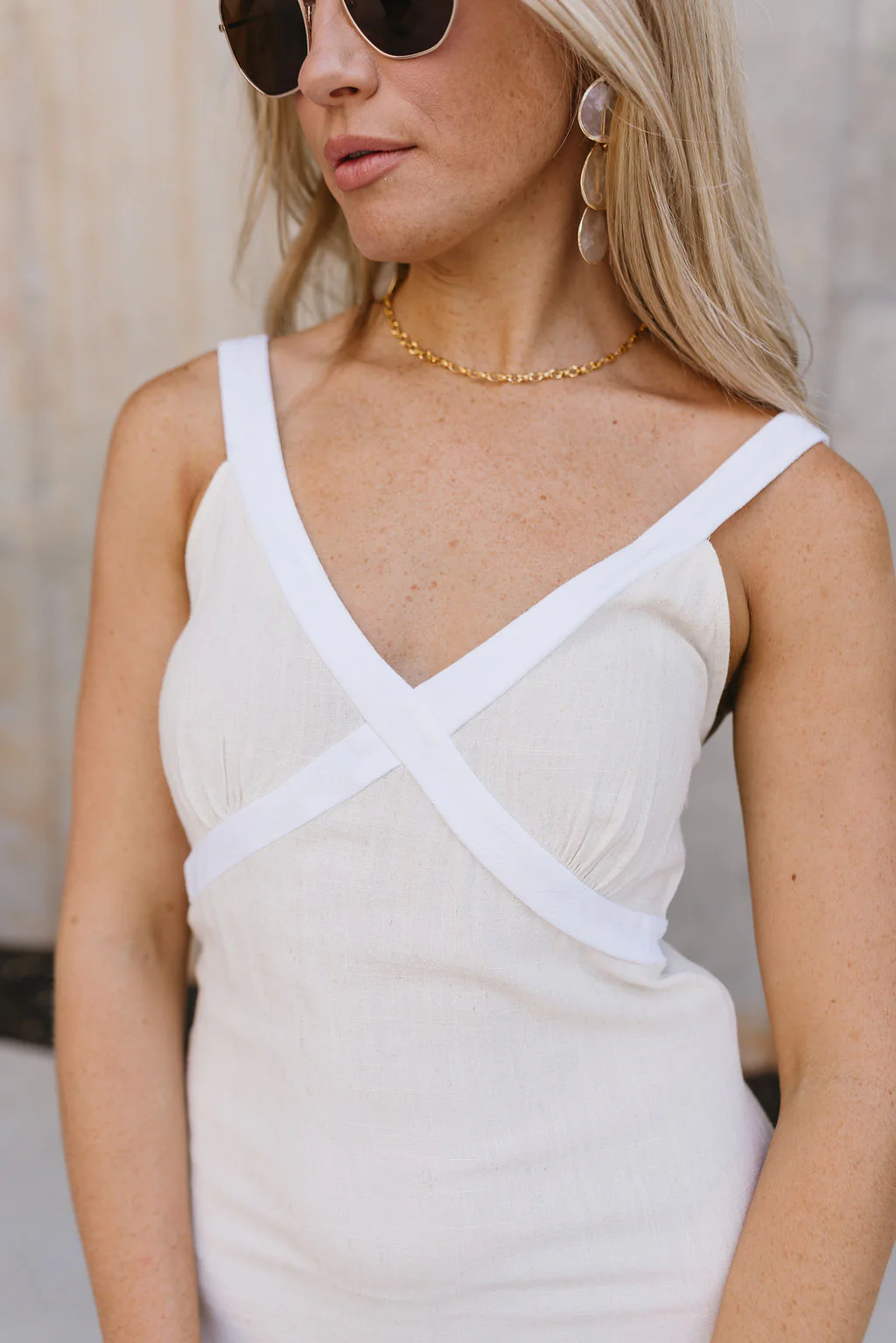 Norah Oatmeal & White Linen Midi Dress - Image 8