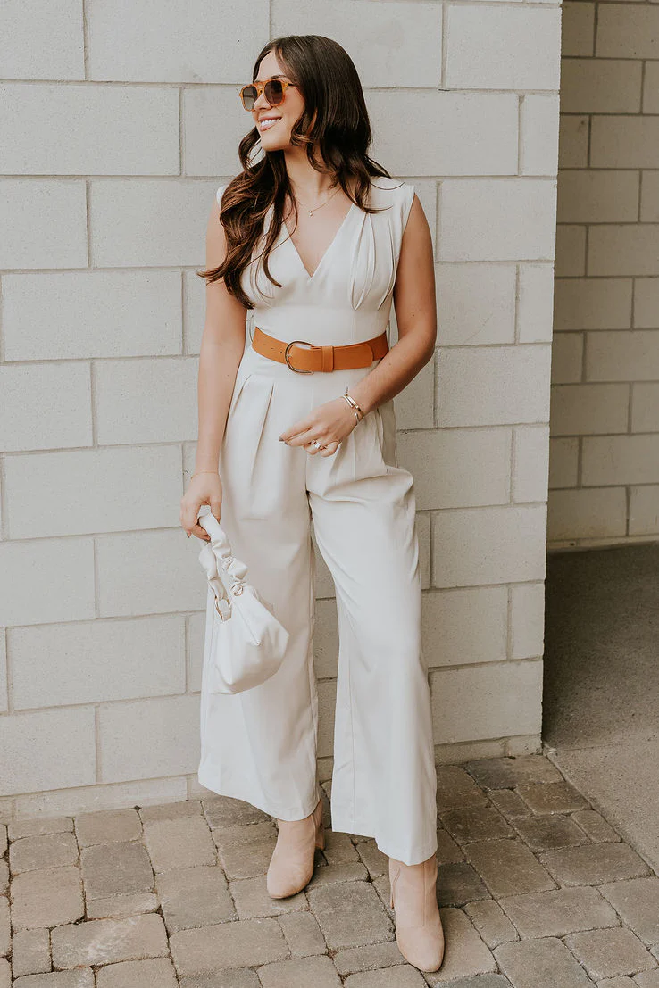 Nova Beige Sleeveless Belted Jumpsuit