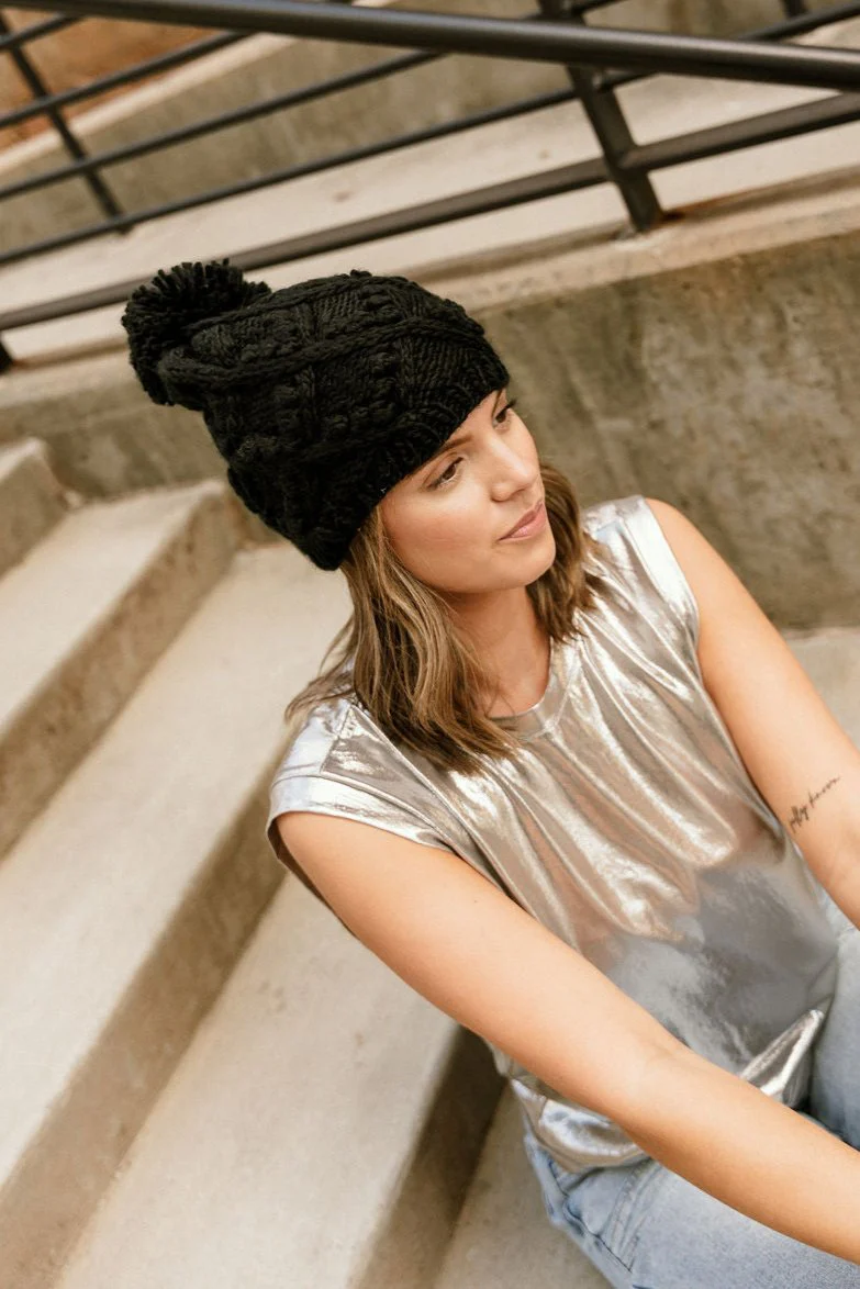 Nova Black Pom Pom Beanie