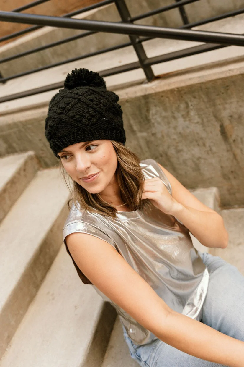 Nova Black Pom Pom Beanie - Image 2